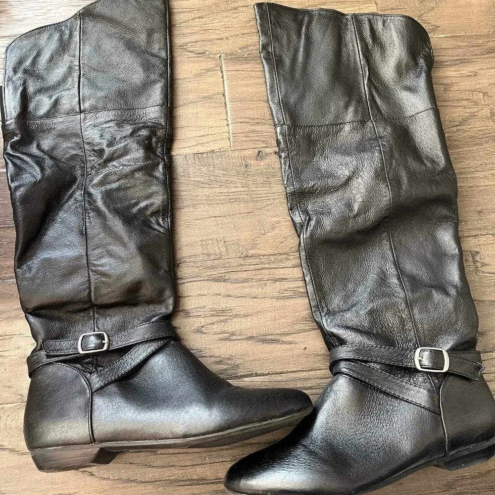 Aldo Black Knee-High Leather Boots with Ankle Buckle Detail